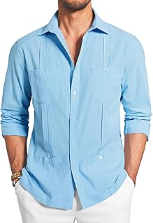 Mens Guayabera Linen Shirts Long Sleeve Button Down Cuban Casual Summer Beach Shirt Tops