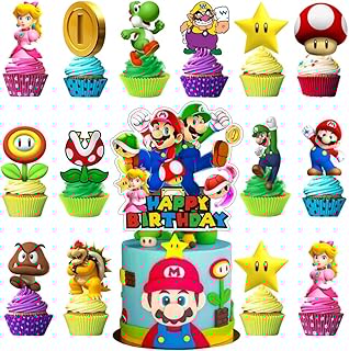 25Pcs Mario Cake Decorations with 24pcs Cupcake Toppers, 1pcs Big Cake Topper for Mario Birthday Party Supplies