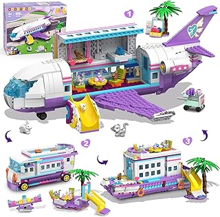 3-in-1 Friends Airplane Building Toy Set - 808PCS Plane/Boat/Camper Van Building Toys with Cute 6 Mini Animals, Slide, Fun Accessories and Stickers, Birthday Gifts for Girls Boys Age 8-12+