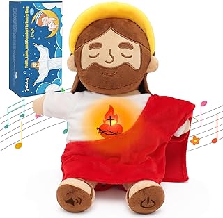 Yelakey Soothing Jesus Plush Toys with Light & Sound, 15" Jesus Stuffed Breathing Plushy Doll, Christian Catholic Religious Plushie Christmas Easter Gifts for Kids Baby (Brown)