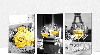 Dining Room Kitchen Wall Art, Modern Black and White Pictures for Dining Room Wall, Yellow Rose Wine Glasses Poster for Dining Room Wall Decor, Dining Room Canvas Prints for Wall Decor 16"x24"x3PCS