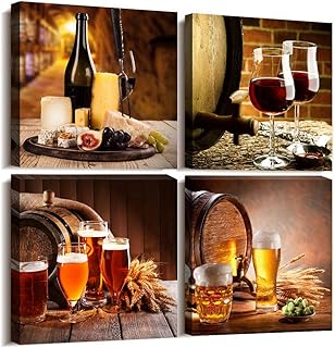 Wall Art for Dining Room Kitchen wall decor Restoring ancient ways Still life Wine glass Wine barrel Canvas Prints Bar Home Decoration 12x12 inch/4 piece restaurant posters decor Artwork Home decor