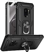 for Samsung Galaxy S9 Case with HD Screen Protectors, Military-Grade Metal Ring Holder Kickstand 15ft Drop Tested Shockproof Cover Case for Samsung Galaxy S9 (2018), Black