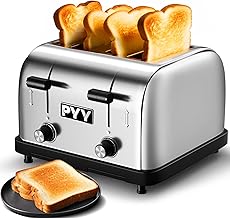 PYY Professional Commercial 4 Slice Toaster - 1800W Stainless Steel Heavy Duty Toaster, 6 Browning Levels, 1.57" Wide Slots, Removable Crumb Tray for Bagels Bread Waffles (Commercial & Home Use)