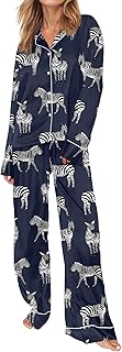 SHESHOW Satin Pajamas Set for Women Set Long Sleeve Button Down Pjs Sets 2 Piece Loungewear Animal Sleepwear XS-XXL