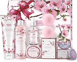 Bath and Body Gift Set for Women - Luxurious Home Spa Gift Set,Japanese Cherry Blossom 7-Piece Set Including Shower Gel,Body Lotion,Bath Oil,Bath Salt,Soap,Bath Bombs and Candle