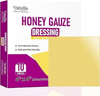 Honey Gauze Dressing – 4"x4" 10Pcs/Box –Manuka Honey, Breathable, Non-Stick– for Chronic Wounds, Post-Surgery, Pressure Injuries, Skin Tears, Burns, Cuts