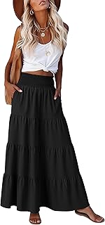 Womens Maxi Skirts, Elastic High Waist A-Line Tiered, Long Flowy Boho Skirts, Summer Casual Beach & Vacation Wear