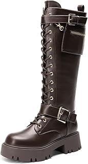 Women's Combat Riding Platform Knee High Boots, Lace Up Fall Lug Sole Gothic Motorcycle Boots with Inside Zipper