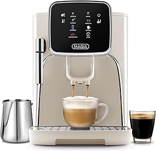 Magia Clasica Automatic Espresso Machine with Built-In Grinder, Touch Panel Coffee Maker, Steam Wand Milk Frother, Adjustable Strength, Self-Cleaning, Cream & Silver (13" x 17.7" x 9.4")