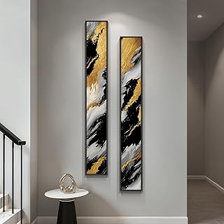 Framed Long Narrow Vertical Abstract Wall Art Set, 2 Piece Black White Gold Luxury Modern Canvas Prints Paintings Artwork for Walls, Pictures for Entryway Hallway Living Room Dining Bedroom Wall Decor