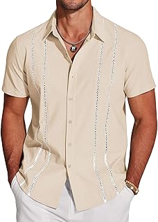 Men's Cuban Guayabera Shirt Short Sleeve Button Down Shirts Casual Summer Beach Linen Shirts