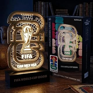 FIFA World Cup 2026 Official Licensed Collectible Display with White LED Glow – Soccer Memorabilia Gift for Father's Day, Men, Dad, Son, Fans – Man Cave, Bar, Desk Decor – USA CAN MEX Trophy Replica
