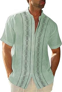 Cuban Guayabera Shirts for Men Short Sleeve Casual Button Down Shirt Band Collar Beach Camp Mexican Shirt