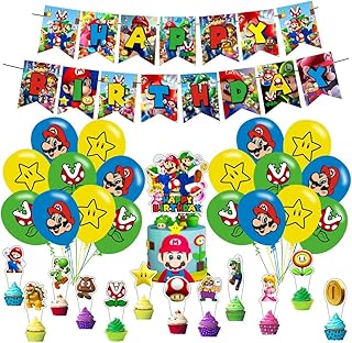 Mario Birthday Decorations Include Happy Birthday Banner, Cake Topper and Cupcake Toppers, Balloons for Mario Themed Party Supplies