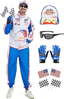 Race Car Driver Costume for Men Halloween Cosplay Racing Suit Outfits With Hat Gloves Flags Sunglasses 7Pcs