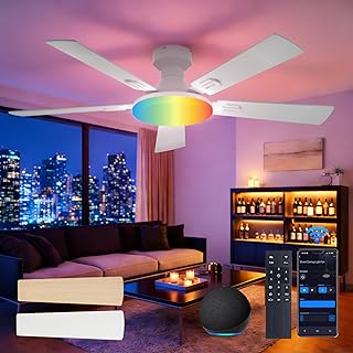 Amico Ceiling Fans with Lights, 52'' Smart RGB Ceiling Fan with Remote/APP/Alexa Control, Flush Mount, Reversible DC Motor, 5 Blades, 6 Speeds, 3CCT, Dimmable, Noiseless, Bedroom, Living Room, White