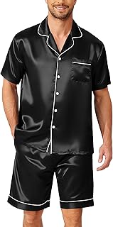Mens Pajamas Set Silk Satin Sleepwear Short Sleeve Button Down Pjs Set 2 Piece Loungewear with Pockets S-XXL