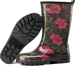 Women's Garden Boots, Upgraded Wide Round Toe Mid Calf Waterproof Rain Boots, Non-Slip PVC Mud Boots for Outdoor Farm Work & Gardening