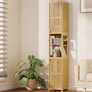 Amazer 70'' Tall Bathroom Storage Cabinet Bamboo, Narrow Storage Cabinet with Rattan Doors and Adjustable Shelves, Slim Freestanding Organizer for Living Room, Kitchen, Natural Color