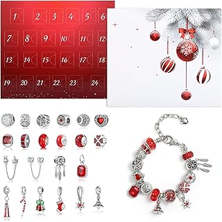 Advent Calendar 2025 for Women Girls, Christmas Countdown Jewelry Kit - Includes 22 Charms, 1 Necklace, 1 Bracelet, Silver Red