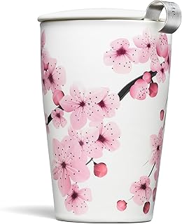 Tea Forte Double-Walled Ceramic Kati Cup, Removable Stainless Steel Infuser Basket and Lid, Steeps 12 oz Loose Leaf Tea, Dishwasher & Microwave Safe, Hanami
