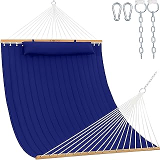 Lazy Daze Hammocks 12 FT Double Quilted Fabric Hammock with Spreader Bar and Detachable Pillow, 450lbs Weight Capacity, Navy Blue