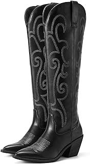 Rollda Cowboy Boots for Women Cowgirl Boots Embroidered Knee-High Western Boots Pointy Toe with Chunky Heel