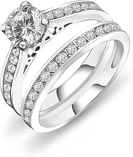 1 Carat Cubic Zirconia Wedding Engagement Bridal Promise Ring Set for Women with White Gold Plated