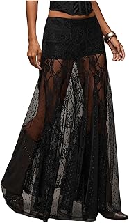 Women's Lace Sheer Maxi Skirts Floral Polka Dots Ruffle Concert Boho Goth Long Skirts