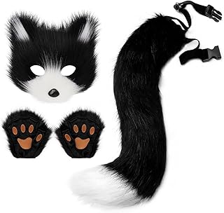 Faux Fur Fox Tail Cat Wolf Set Plush Mask Fluffy Paw Gloves Halloween Christmas Party for Women