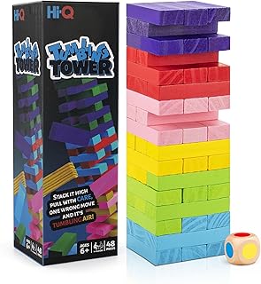 Tumbling Tower Color Stack Game, Blocks with Dice – 48-Piece Wooden Stacking Toy – Color Match Balance Tower Game for Kids & Adults, Family Party Stack Tower Game