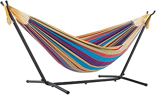 Vivere Double Cotton Hammock with Space Saving Steel Stand, Upgraded Polyester End Strings 450 lb Capacity - Premium Carry Bag Included - USA Grown Cotton (Tropical)