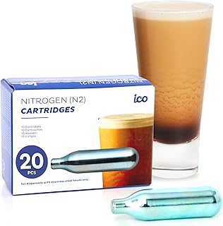 ICO 20-Pack Nitrogen Cartridges (N2) for Nitro Cold Brew Coffee Maker & Beer Infusion - 2g Pure Food-Grade Nitrogen Chargers, Non-Threaded - Eco-Friendly Recyclable Steel - NOT for Whipped Cream