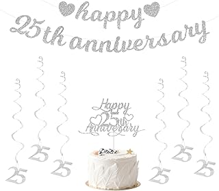 Happy 25th Anniversary Decorations Include Silver Glitter Banner, Cake Topper, and Hanging Swirls Elegant Party Decor for 25th Wedding Anniversary, Vow Renewal, or Celebration
