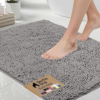 GORILLA GRIP Bath Rug Mat, Thick Soft Absorbent Chenille, Quick Dry Microfiber Mats, Rubber Backing Washable Shower Floor Rugs, US Designed Bathroom Bathmat Home Decor Accessories, 24x17, Grey