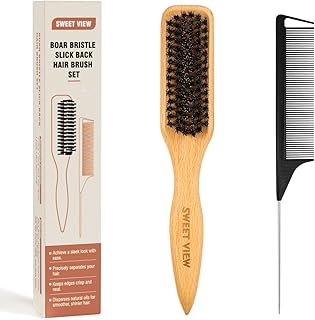 SWEET VIEW Boar Bristle Slick Back Hair Brush for Smooth Flyaways, Frizz, Sleek Ponytail, Buns and Edge Baby Hair, Teasing | Gel Comb Styling Accessories for Girls, Kids and Women