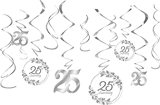 Happy 25th Anniversary Silver Foil Hanging Swirl Decorations (Pack Of 12) - 5" & 7" - Stunning Design - Perfect Table Decoration For Themed Events, Parties, Special Occasions, & More