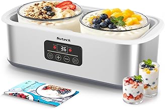 Suteck Yogurt Maker with Glass Jars 2 Quart – Stainless Steel Yogurt Makers with Adjustable Time (0-48H) & Temp Control (68-131°F) for Greek Yogurt, Probiotic, Cheese – BPA-Free, 25W