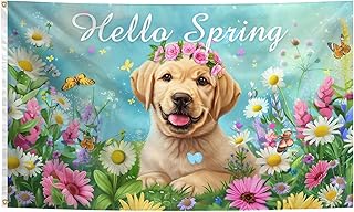 Hello Spring Flag 3x5 Feet Flower Cute Dog Spring House Flag for Courtyard, Porch, Farmhouse, Terrace, Lawn Indoor and Outdoor Decor Seasonal Spring Welcoming Flags