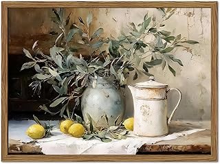 Framed Vintage Kitchen Wall Art, Rustic Yellow Lemon Still Life Pictures Wall Decor, Country Botanical Paintings Canvas Prints Farmhouse Home Decor for Dining Room Living Room 16x24 inch