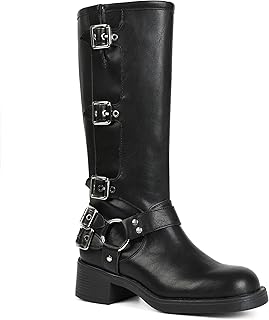 Knee High Boots Women Square Toe Pull On Wide Calf Riding Fashion Buckles Chunky Metallic Casual Vintage Buckle Rivet
