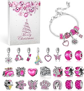 Pink Jewelry Advent Calendar 2025 for Adult Teens-Hot Pink Jewelry 24 Days Christmas Countdown-Inclued Heart Metal Charms Beads DIY Necklaces Bracelets Making Kit Gifts