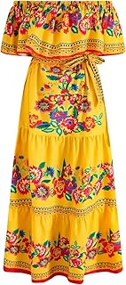 Women Mexican Dress Off Shoulder Floral Long Maxi Dress Cinco de Mayo Dresses with Belt