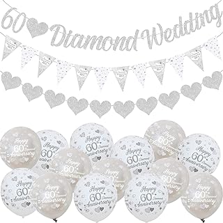 60th Diamond Wedding Anniversary Decorations, Silver Glitter Banner Bunting Flag Garland and Balloons for 60 Years Anniversary Party Supplies