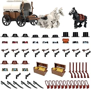 Western Cowboy Building Block Set, Compatible with Lego 77012 Set, 12 Cow Boy Figures & Gun Accessories, Dark Wild West Horse, White Carriage with Golden Bars & Coins, Gold Robbery