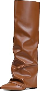 Women's Slouchy Knee High Boots - Black, Pointed Toe, Fold Over, Chunky, Shark Boots