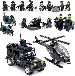 SWAT Set with 12 SWAT Officers, 2 Mounted Police with Horse – 1 Helicopter, 1 Armored SWAT SUV Vehicle,and 2 Motorcycle,Safe & Durable ABS – Great Gift for Kids, Boys, and Collectors