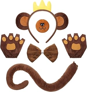 5 Pcs Monkey Costume Set for Adult Women Men, Ear Tail Headband Nose Glove Paw Bow Animal Halloween Accessories