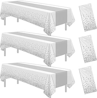 White and Silver Party Decorations Tablecloth, 3 Pack Disposable White Table Cover Printed Silver Table Runner for Birthday Baby Bridal Shower Wedding Anniversary Graduation, 86in x 55in
